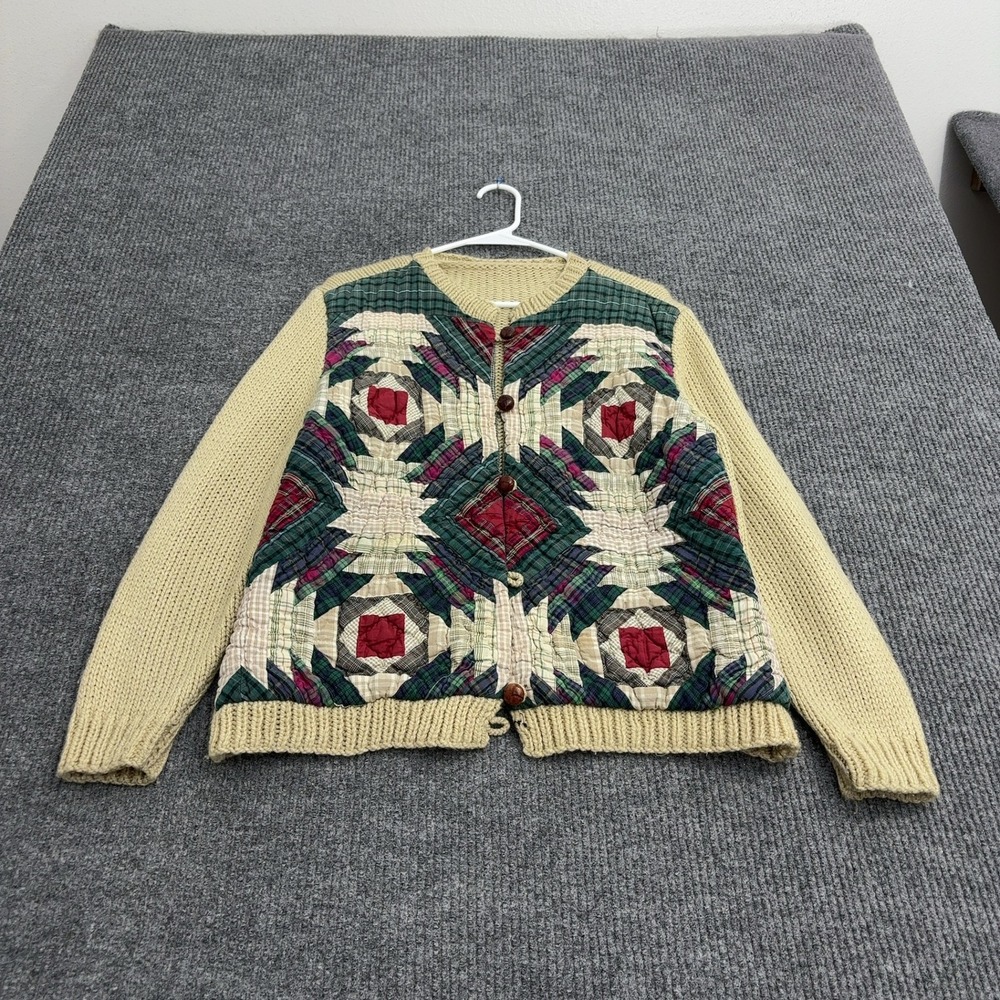 Vintage Cardigan Sweater Womens L Tan Cotton Blend Quilted Patchwork Boho